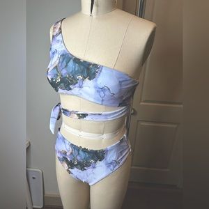 Marble One Shoulder 3 Piece Bikini Set. Includes Cover-Up